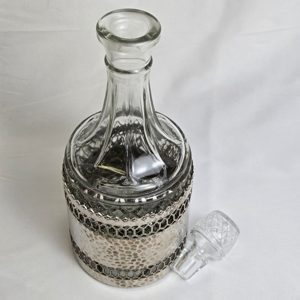 Glass Liquor Decanter, Decorative Silver Tone Hammered Metal Caddy 11" Vintage - Picture 8 of 16